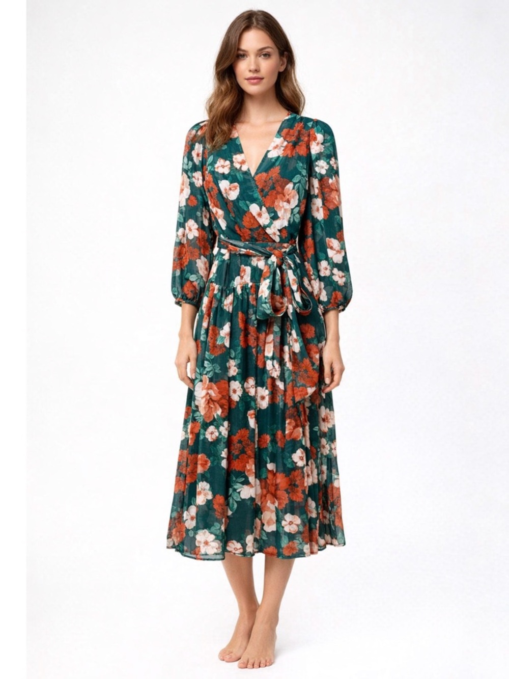 NWOT Calvin Klein Green Floral Faux Wrap Midi Dress Size 4